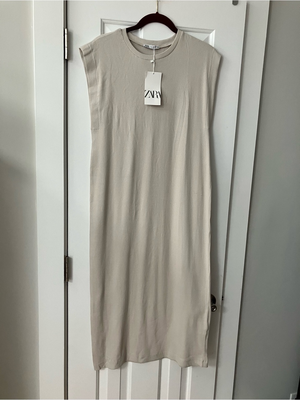 ZARA Neutral Cream Cap-Sleeve Midi Dress